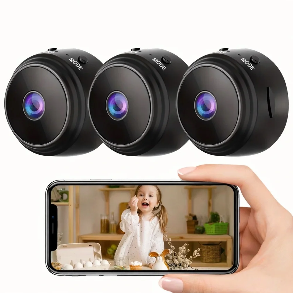 Compact Black Security Cameras with Smartphone View